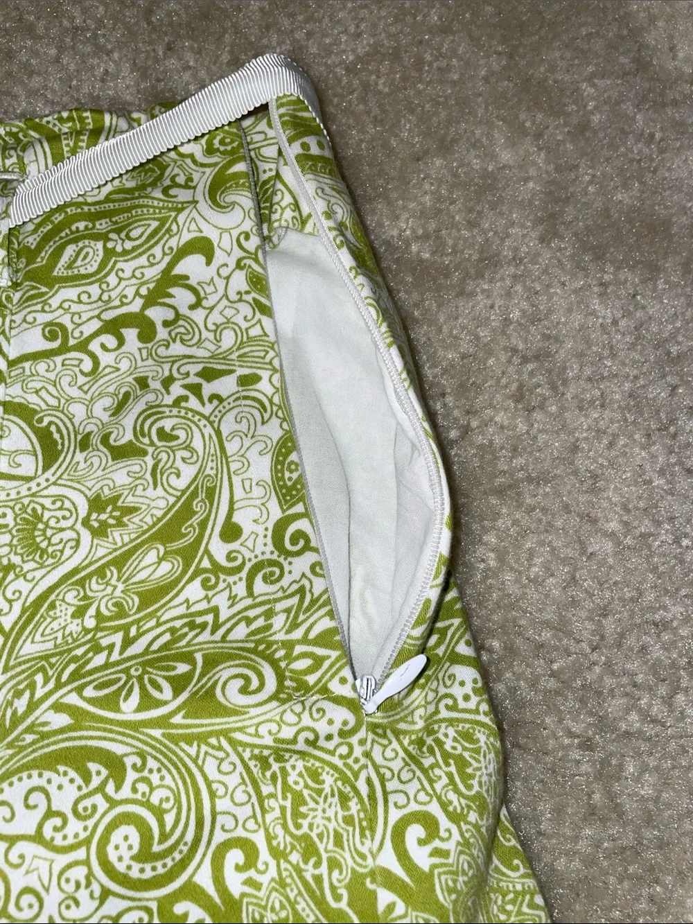 J. Crew Light Green Paisley Pleated Skater Skirt with White Waist Tie